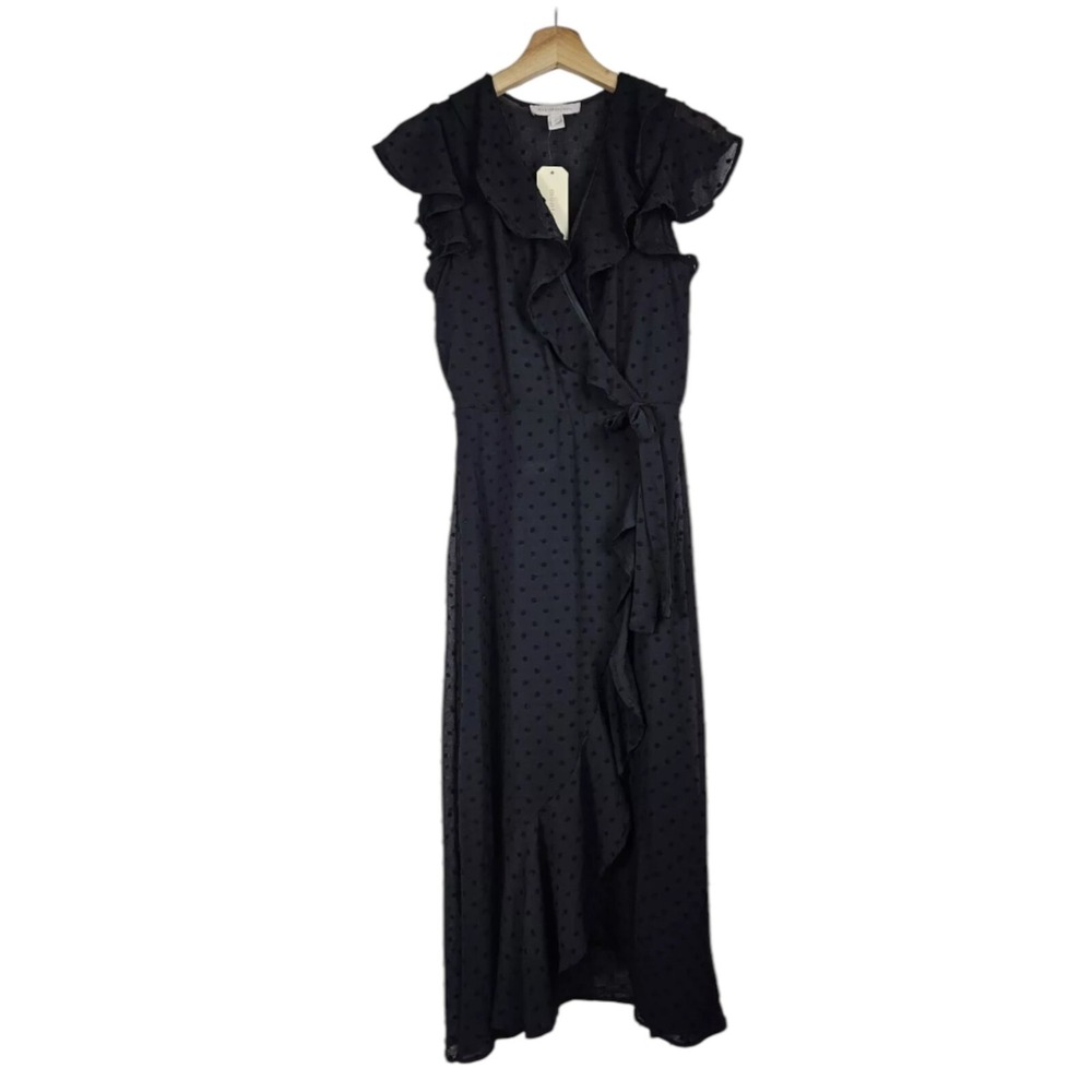 Monteau Womens Dress Sz S Faux Wrap Swiss‎ Dot Flutter Sleeve Ruffle Black Midi